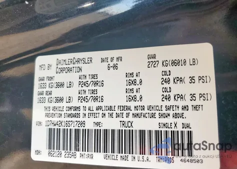 2006 Dodge Dakota Slt z USA, uszkodzony, nr VIN 1D7HW42K16S717209